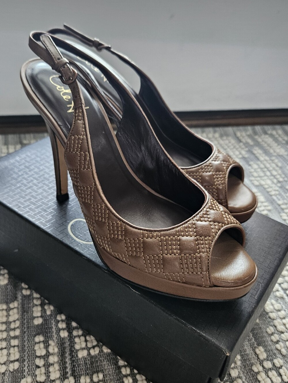 Cole Haan Brown Quilted Peep-Toe Slingback Heels